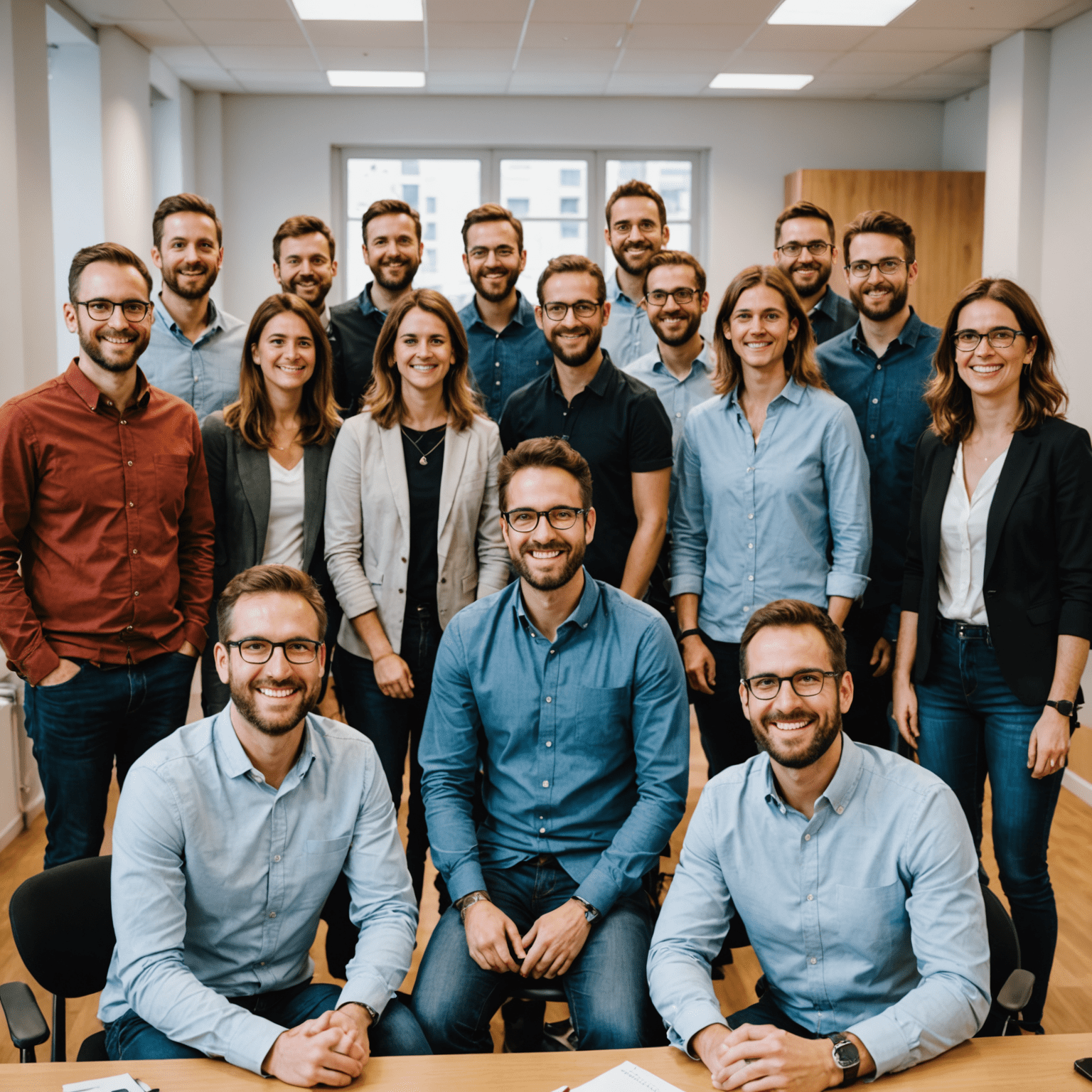 Imagen del equipo de fajujiy.com en la oficina de Madrid. Se muestra un grupo diverso de profesores sonrientes, vestidos de manera casual pero profesional, en un espacio de trabajo moderno con computadoras y pizarras llenas de código.