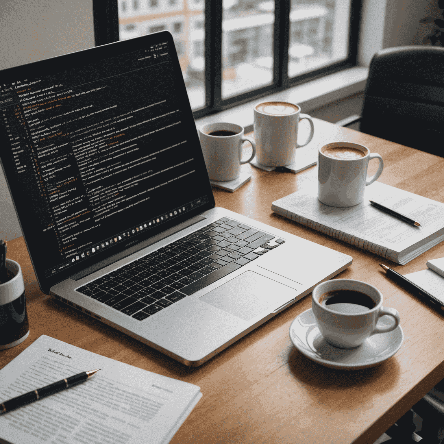 Una imagen que muestra un escritorio con una computadora portátil, libros de programación y una taza de café. En la pantalla de la computadora se ven líneas de código básico.
