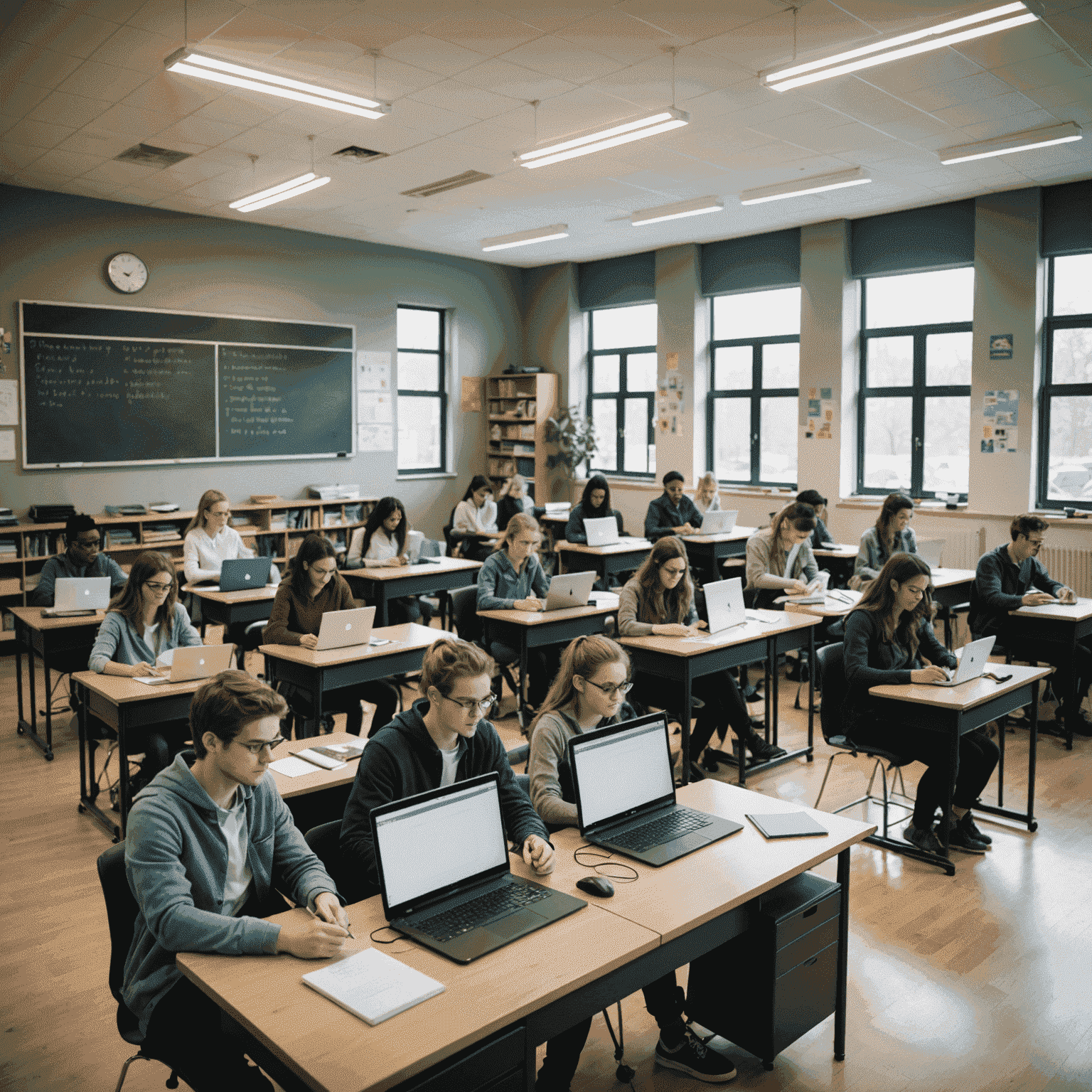 Un aula moderna con estudiantes trabajando en computadoras, rodeados de profesores atentos. El ambiente es acogedor y lleno de energía creativa.