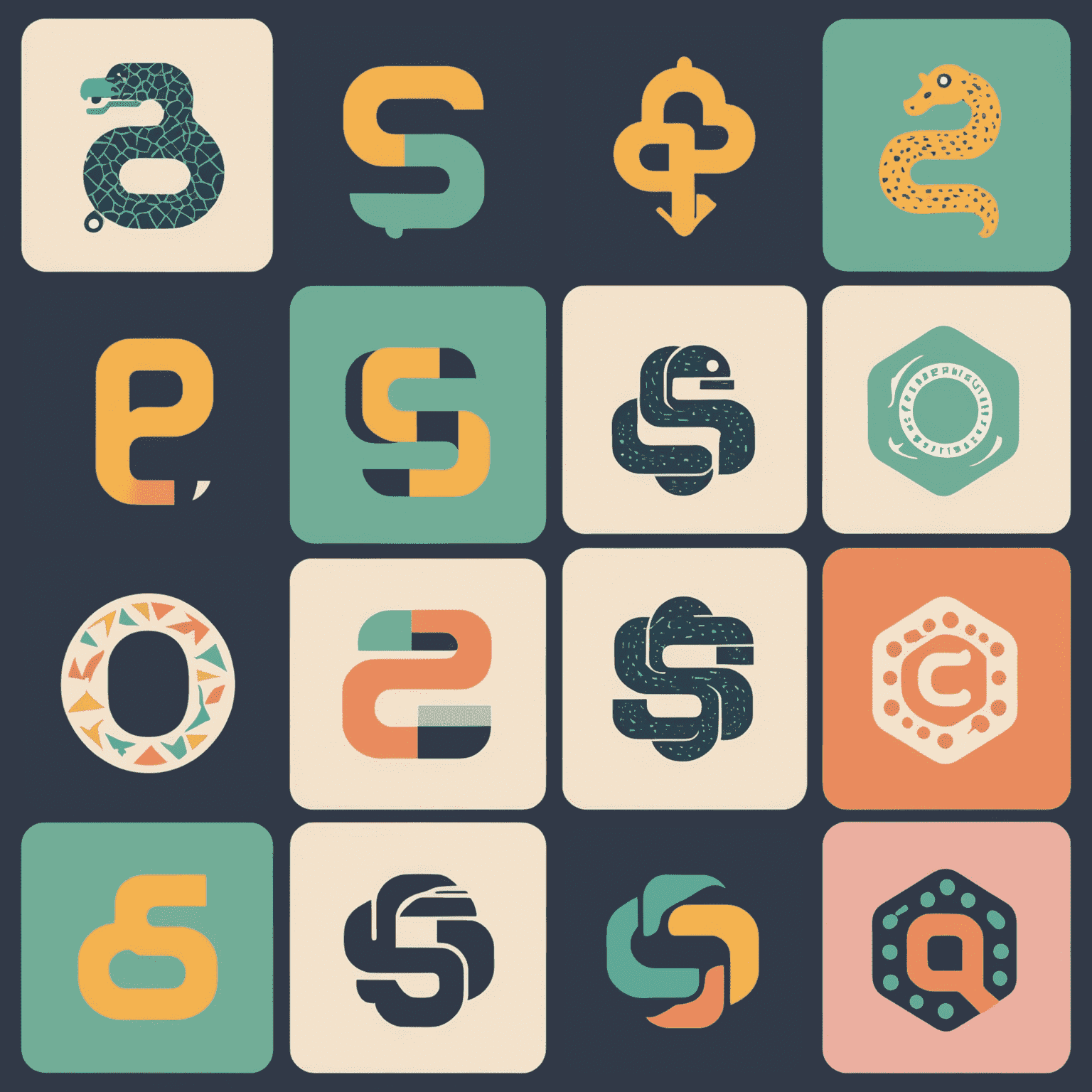 Collage de logos de los 5 mejores lenguajes de programación: Python, JavaScript, Java, C++, y Kotlin. Cada logo está representado en un estilo vintage con colores pastel y efectos de textura retro.