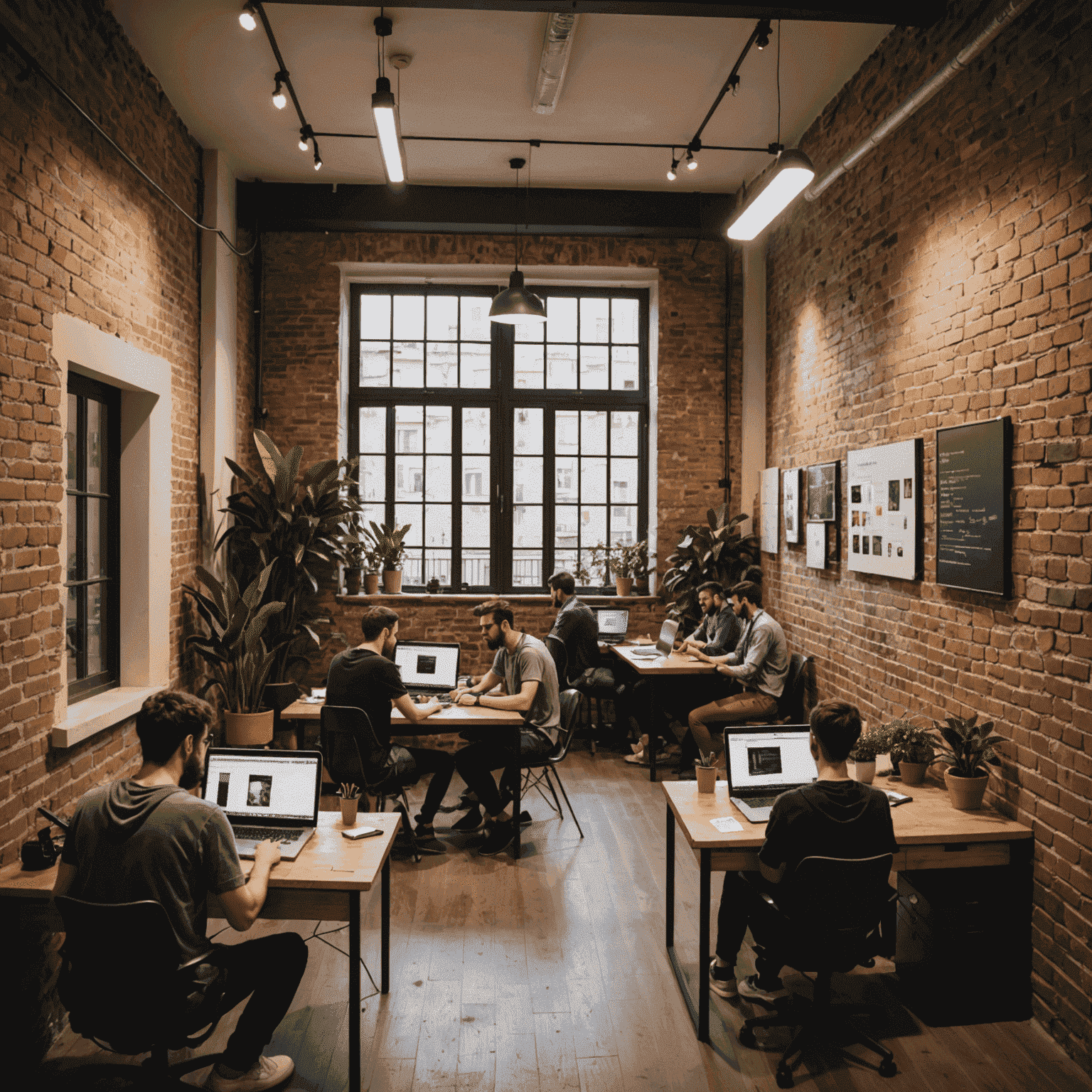 Imagen de un moderno espacio de coworking en Barcelona, lleno de jóvenes programadores trabajando en sus laptops. El ambiente es vibrante y colaborativo, con paredes de ladrillo visto y grandes ventanales que dejan entrar mucha luz natural.