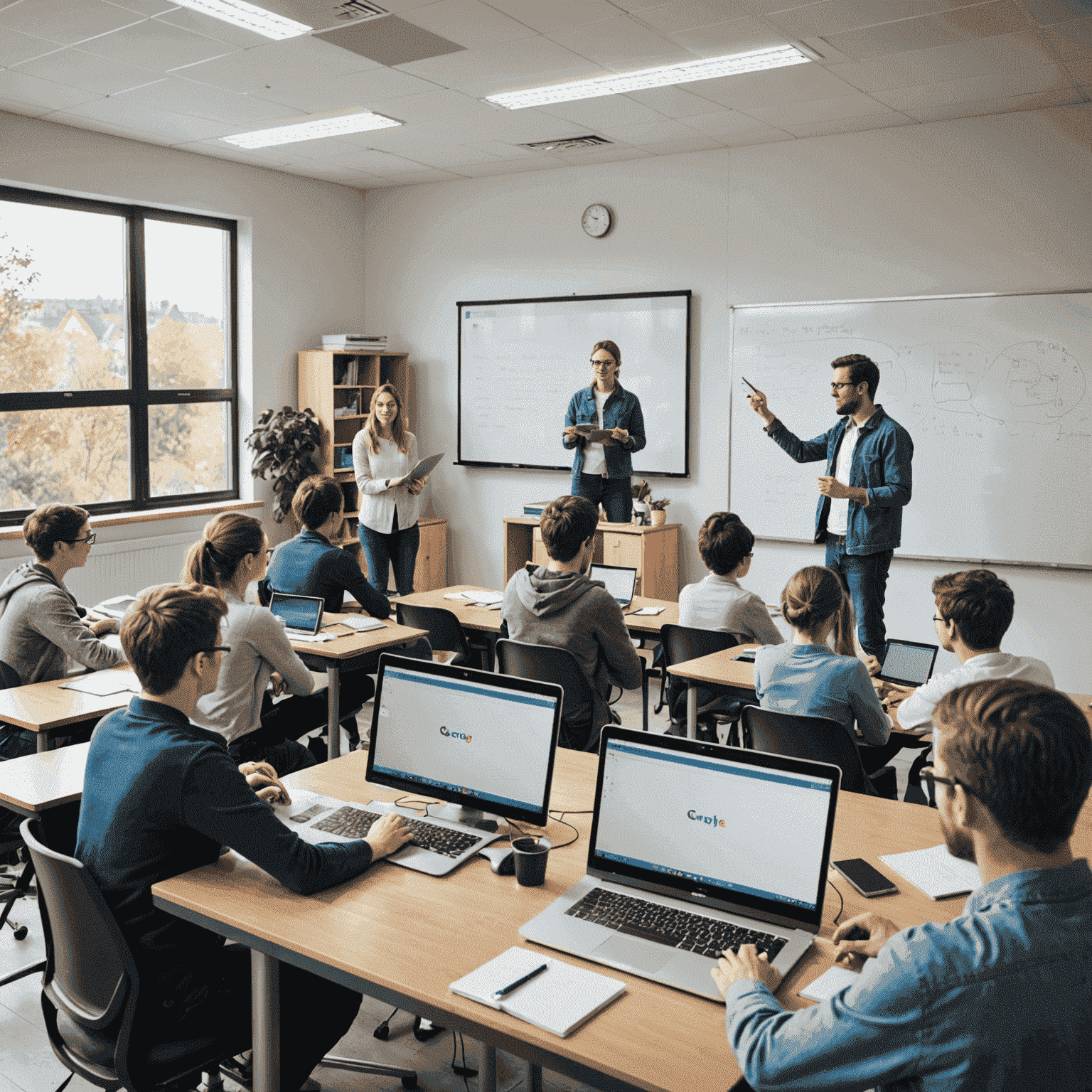 Una imagen que muestra un aula moderna con estudiantes trabajando en computadoras y un profesor explicando conceptos de programación en una pizarra interactiva.