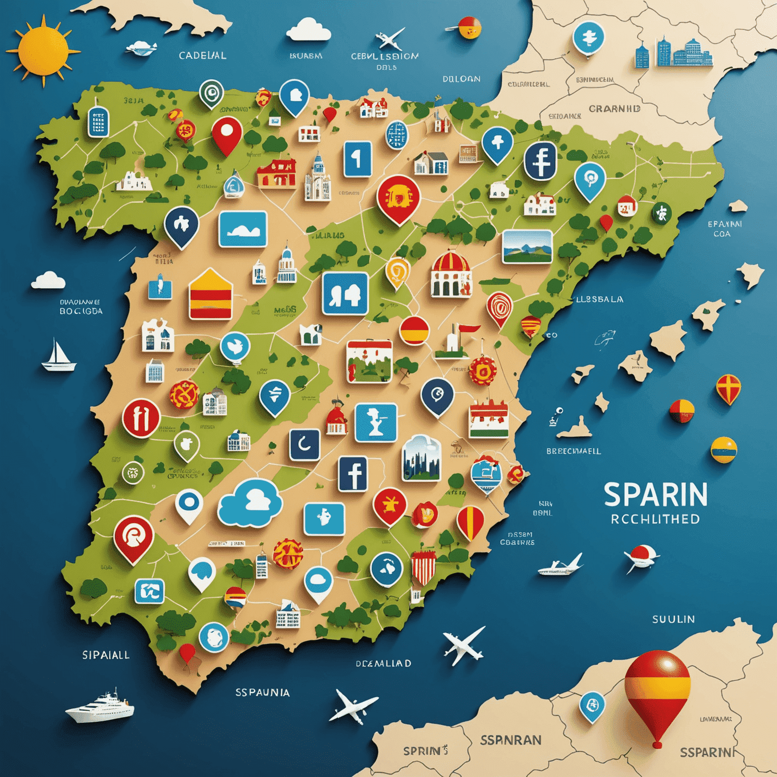 Una imagen que muestra un mapa de España con iconos de tecnología y programación distribuidos por las principales ciudades, representando la creciente industria tecnológica del país